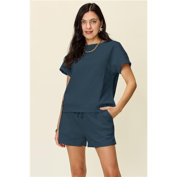 Double Take Full Size Texture Short Sleeve T-Shirt and Drawstring Shorts Set - Picture 15 of 16